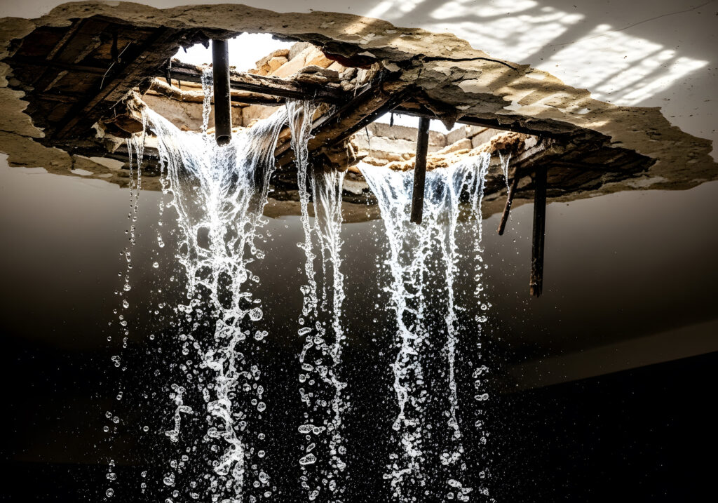 water flowing from the ceiling of an old building. toned.