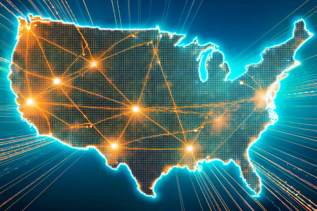 usa map showing international connections and data flow