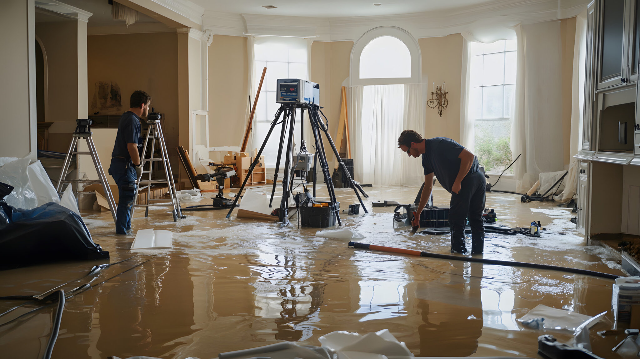 a professional restoration crew using specialized equipment to dry out a flooded house, high tech tools in action